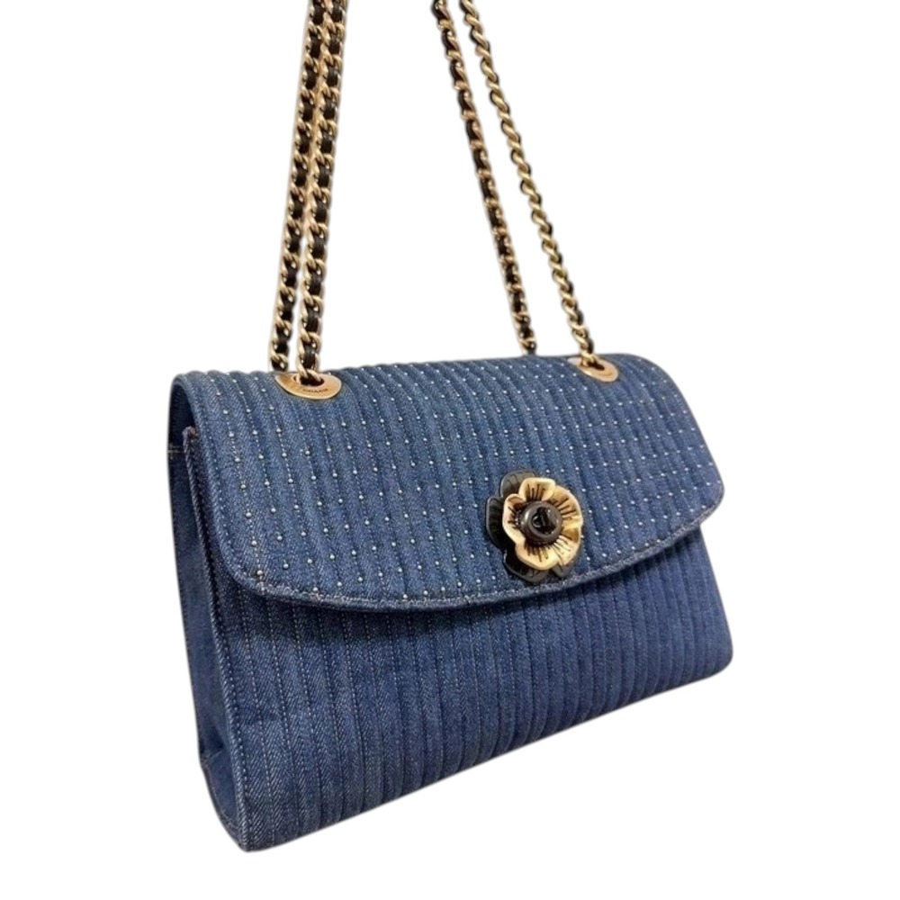 Coach Parker Shoulder Bag Quilted Denim Blue Rivets Tea Rose 68222 - Picture 2 of 8